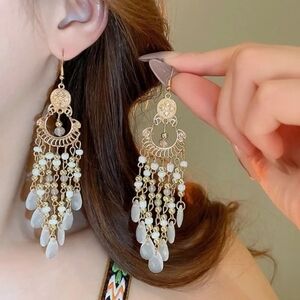 Chandelier Earrings White Crystal Beads Gold Tone
